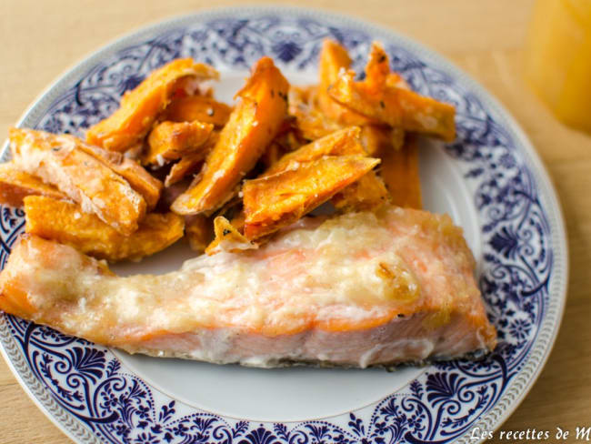 Saumon à la confiture de poire et frites de patate douce