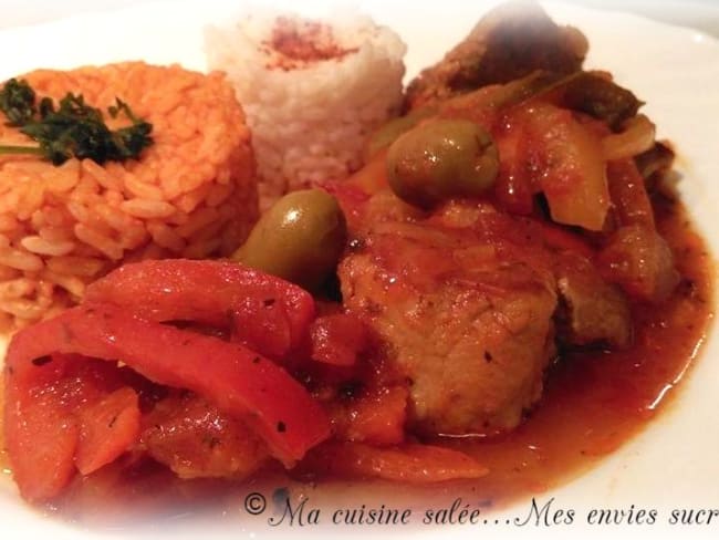 Sauté de porc au vin rouge - chorizo - olives : recette Sauté de porc