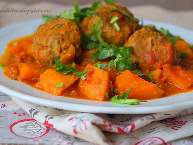 Tajine d’aubergine potiron & boulettes de viande hachée