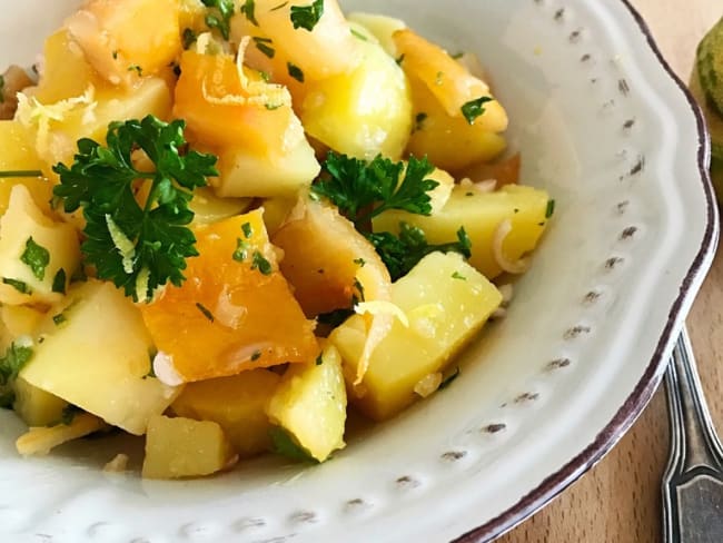 Salade de pommes de pomme terre au haddock fumé vinaigrette au citron tigré