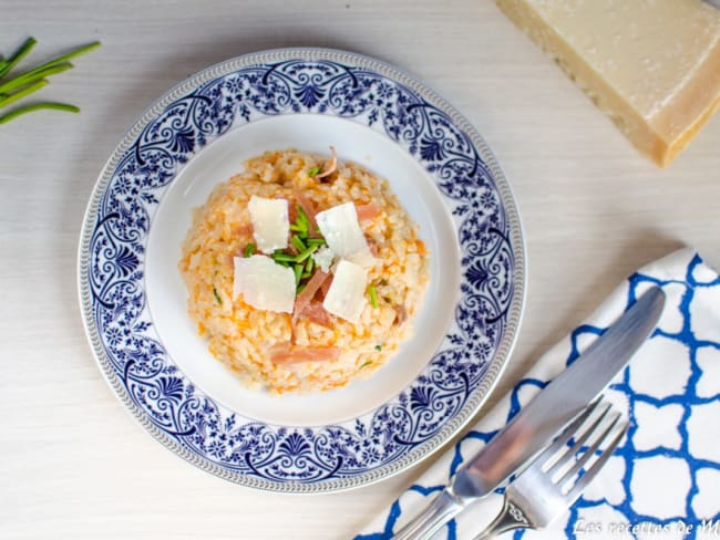 Risotto à la courge, jambon cru et brie