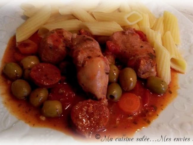 Sauté de porc au vin rouge - chorizo - olives