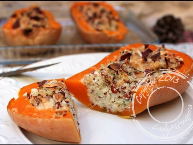 Courge butternut gratinée et farcie au chèvre et quinoa