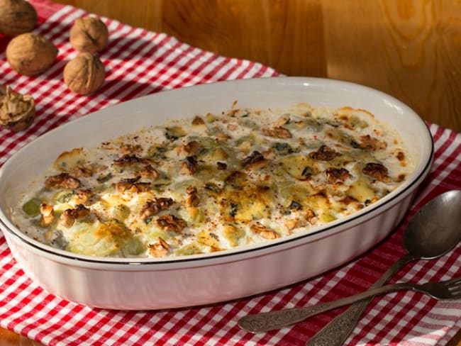 Gratin d'endives et roquefort aux ravioles du Dauphiné