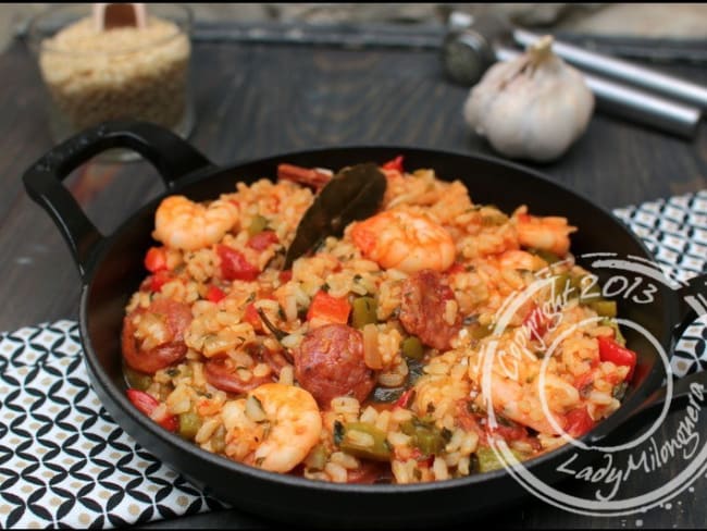 Riz créole, crevettes sautées et chorizo