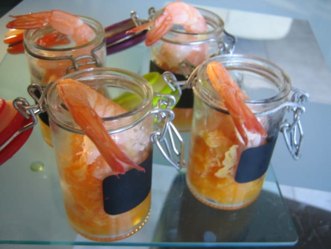 Verrines apéritives toutes simples : crevettes, mandarines, citron vert et gingembre frais