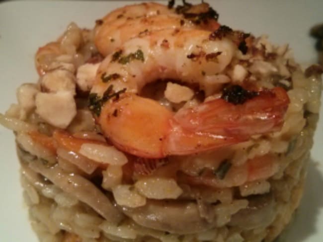 Risotto au potimarron, champignons de Paris, crevettes et noisettes