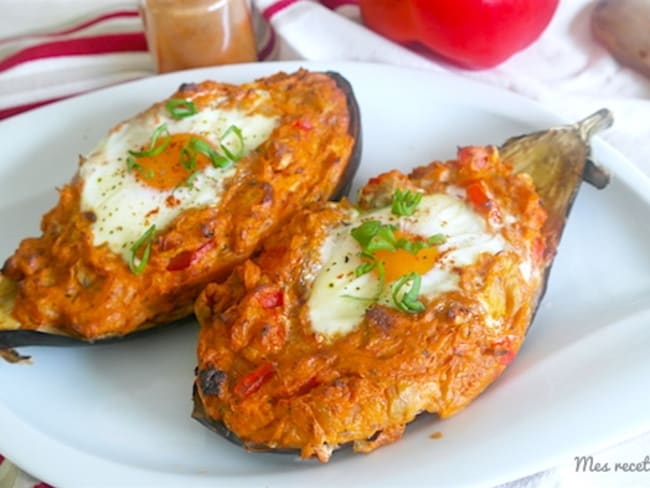 Aubergine farcie au poivron et oignon au fromage