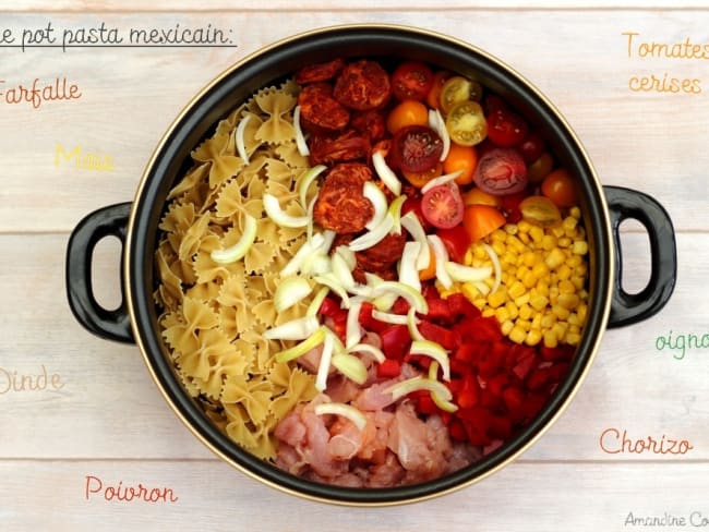 One pot pasta mexicain (chorizo, dinde, maïs, poivron, tomate)