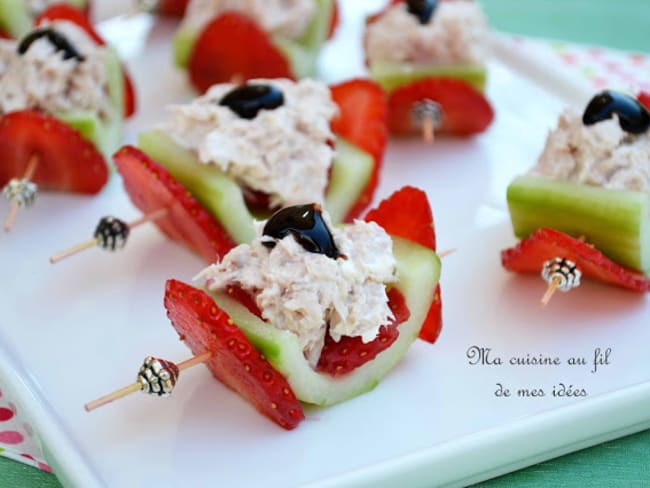 Barquettes de concombre aux fraises et rillettes de thon