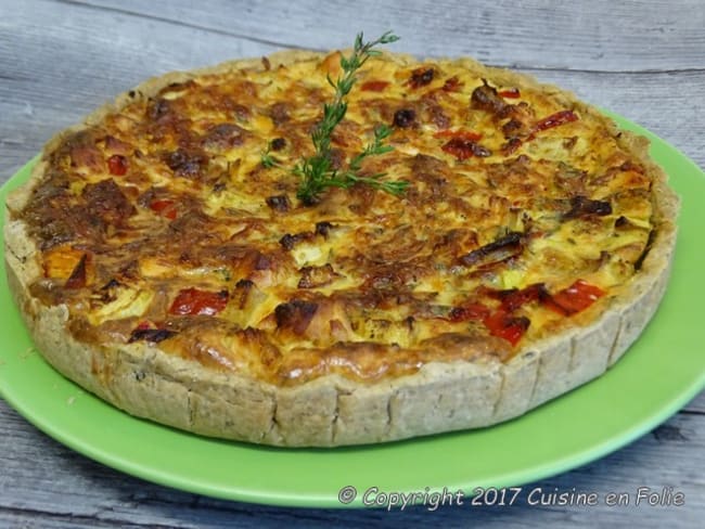 Quiche sans gluten farine de sarrasin, de riz et origan, saumon, courgette et poivron rouge