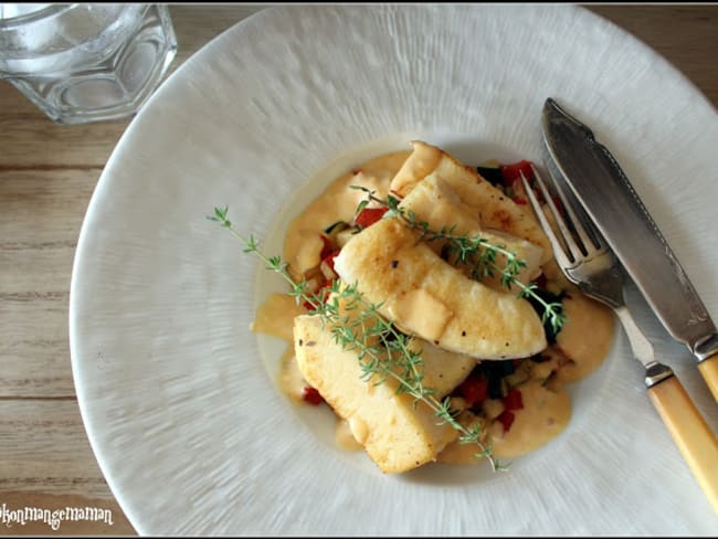 Seiche grillée, légumes du soleil en brunoise au thym, sauce safranée