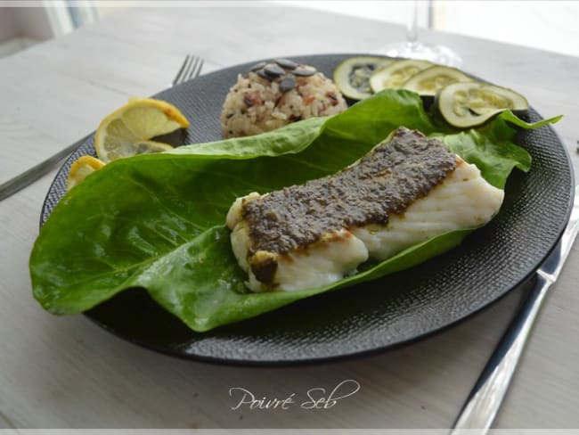 Dos de cabillaud à l'oseille et pesto de pépins de courge