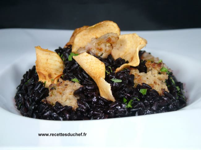 Riz noir boudin blanc aux pommes séchées