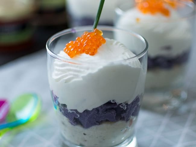 Verrine Saint-Jacques, Vitelotte et chantilly salée