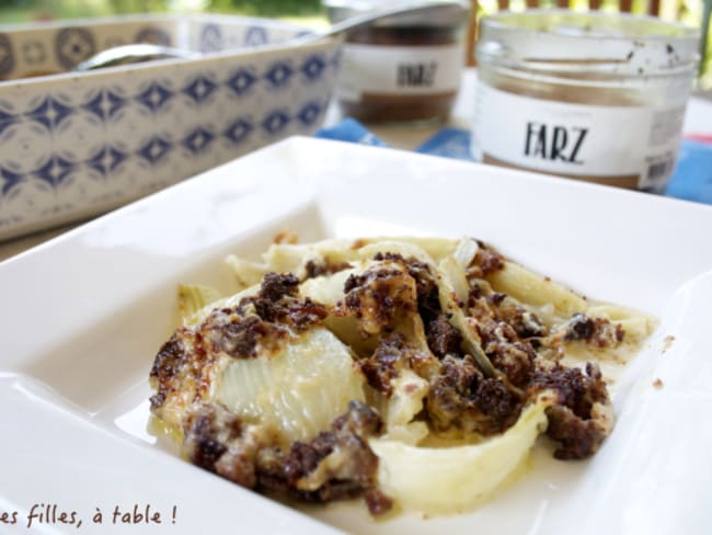 Gratin de fenouil et gorgonzola, crumble au Farz Gwinizh Du