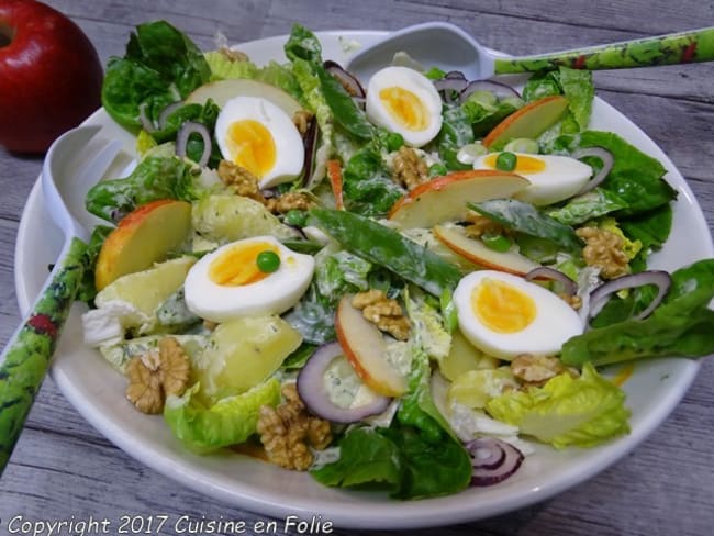 Salade fermière au Melfor, pomme Royal Gala, oeufs, pommes de terre, thon, pois gourmands ...