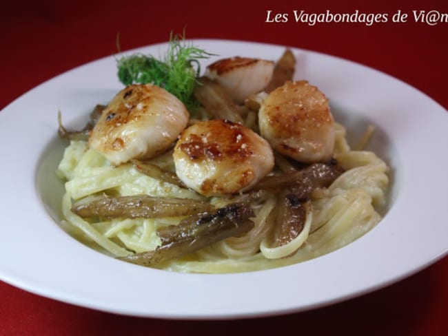 Saint-Jacques sur spaghetti à la crème de fenouil et de truffe