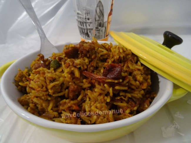 Riz basmati au porc haché, merguez et tomates confites