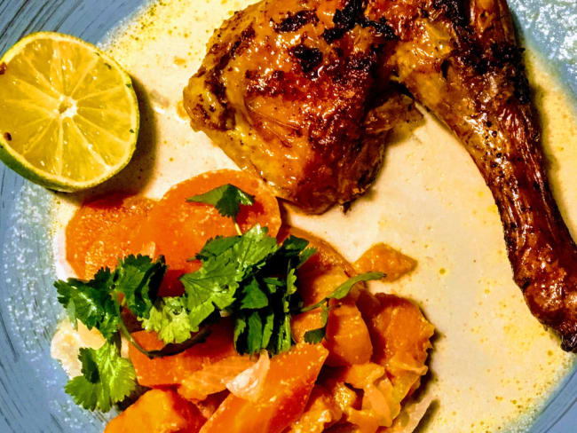 Poulet rôti à la mode colombo et ses légumes au lait de coco