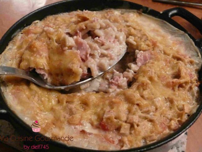 Gratin de crozets au sarrasin, cancoillotte, jambon et tomme de Savoie IGP