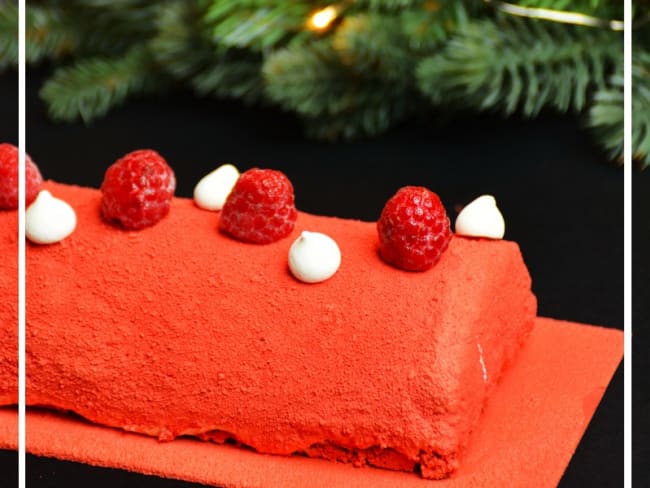 Bûche au chocolat blanc, framboises et spéculoos