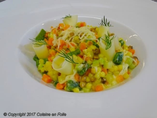 Fregola sardes aux légumes, crémeux de gruyère et Parmesan