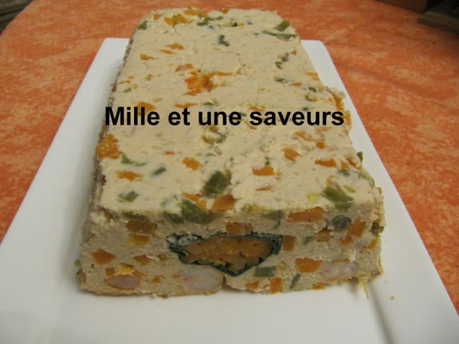 Terrine de saumon, gambas et ses petits légumes