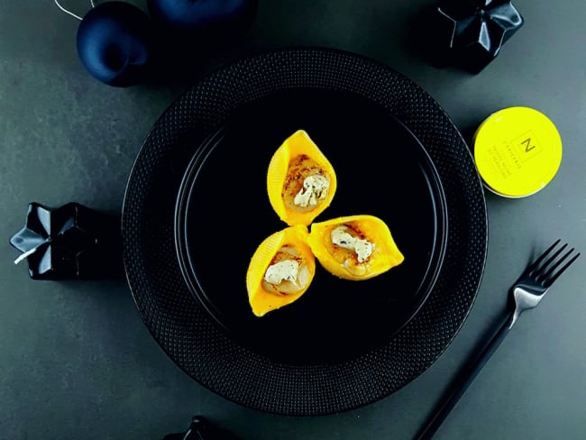 Conchiglioni, mousseline de potimarron et Saint-Jacques au beurre de truffe noire