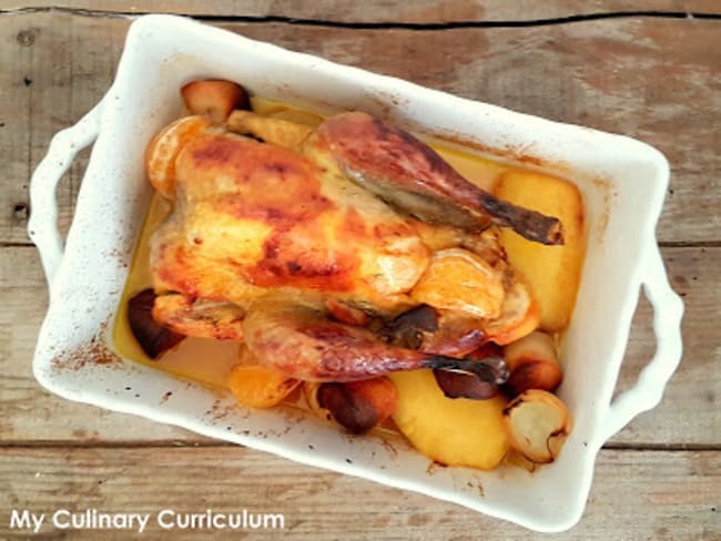 Pintade à l'ananas, aux clémentines et boudin blanc (Guinea fowl with pineapple, clementines and white pudding)