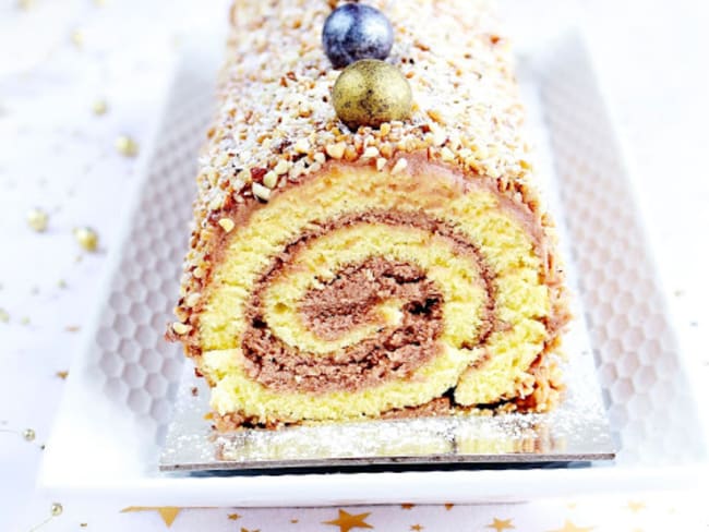 Bûche de Noël roulée au praliné, biscuit moelleux à la vanille