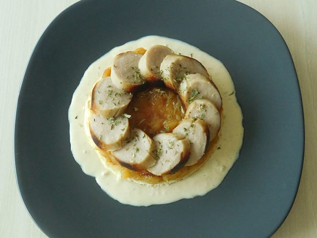 Boudin blanc, marmelade de pommes et sauce au cidre