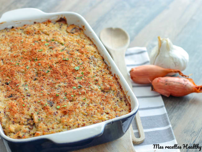 Gratin au poulet et quinoa aux champignons