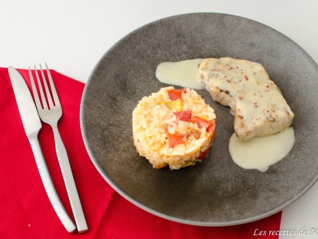 Pavé de thon sauce au gingembre et risotto poivrons chorizo