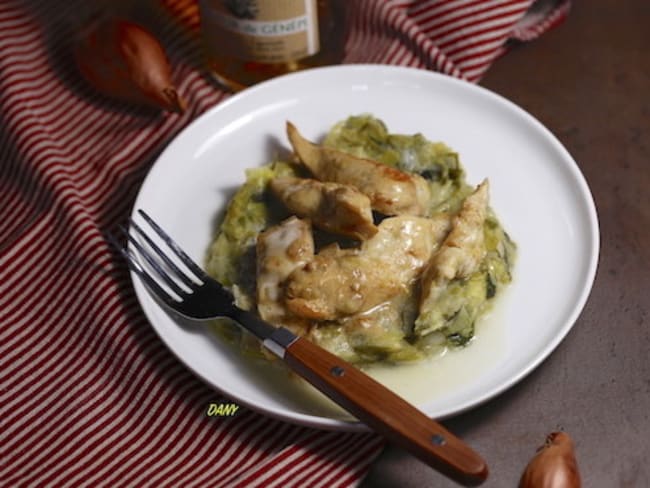 Fricassée de poulet flambée au génépi et fondue de poireaux au cumin