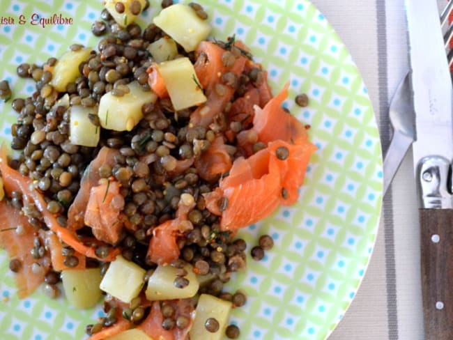 Salade tiède de lentilles vertes à la truite fumée