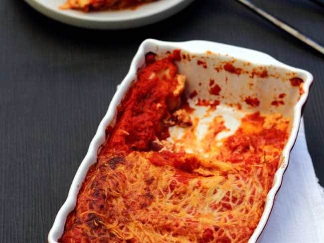 Gratin de cannelloni à la ricotta, poivron et chorizo