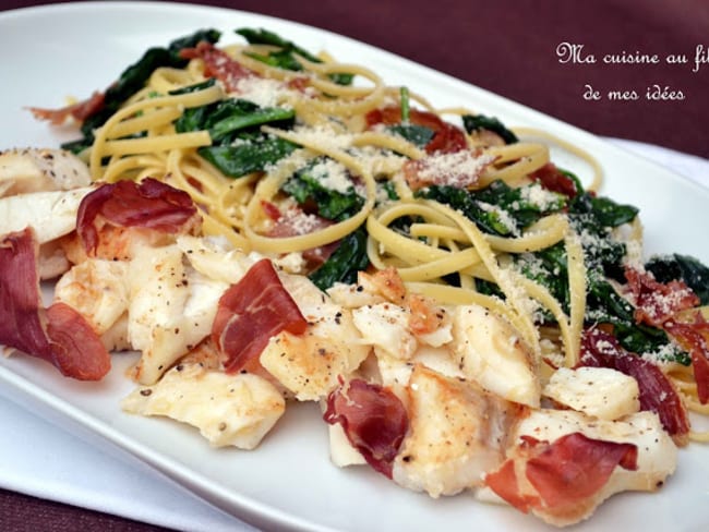 Pâtes linguine au cabillaud, épinards et jambon Ganda grillé