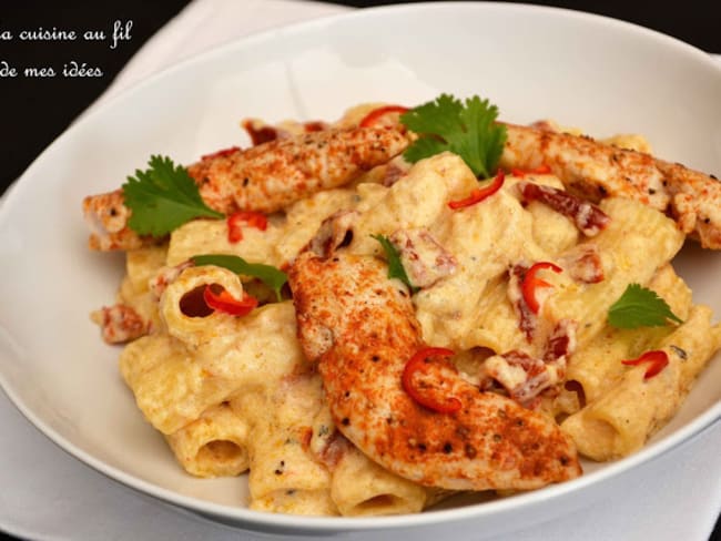 Pâtes rigatoni et poulet au fromage, tomates séchées et piment