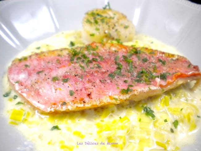 Filet de rouget et noix de Saint-Jacques sur crème de poireaux safranée