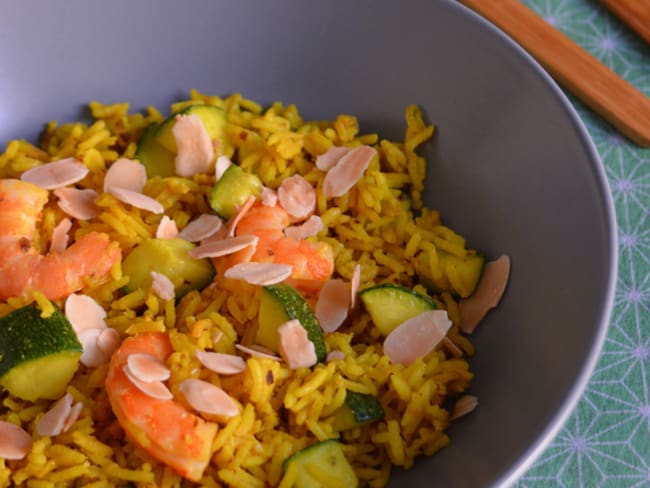 Riz Sauté aux Crevettes, Courgettes et Amandes