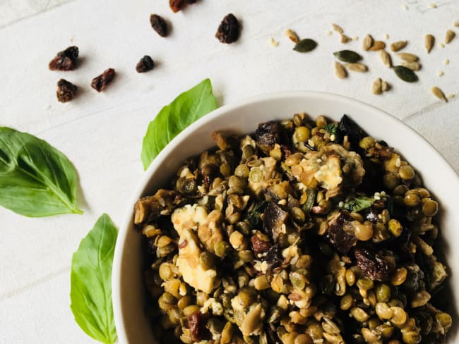 Salades de lentilles, aubergines grillées au miel et Stilton