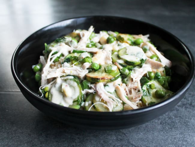 Légumes verts, blé, sauce à la Fourme de Montbrison