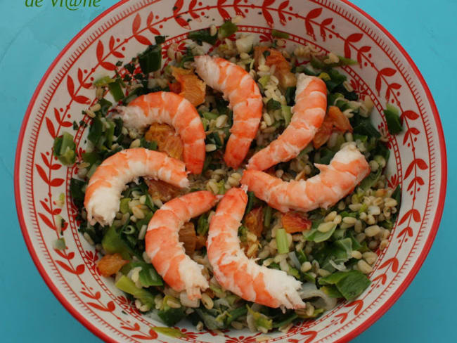 Salade blé, poireaux, crevettes