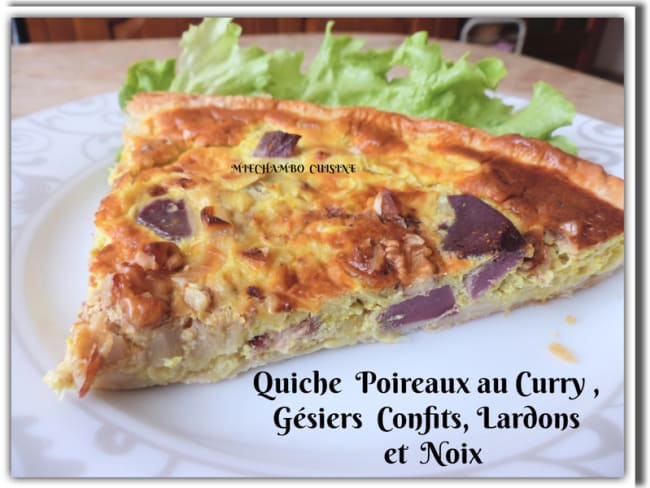 Quiche poireaux au curry, gésiers confits, lardons et noix