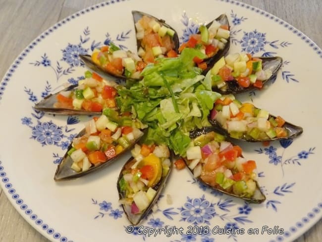 Moules d'Espagne en Tapas aux piment doux, poivrons rouge, fenouil,tomates et vinaigrette aux Xérès pour l'apéro