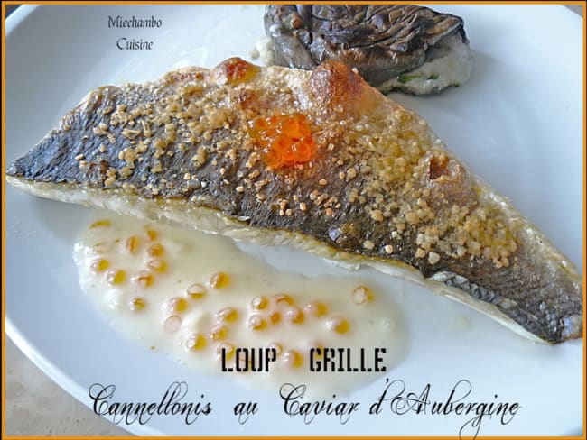 Loup clouté au gros sel et cannelloni de caviar d'aubergines