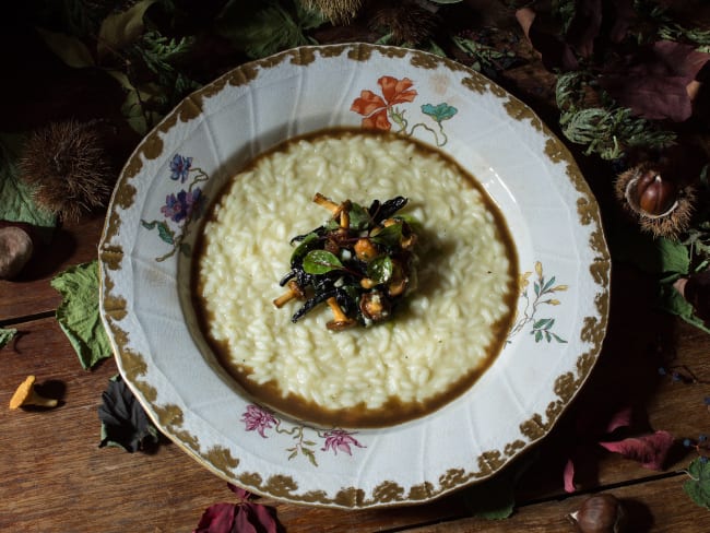 Risotto aux champignons des bois rehaussé d'oseille pourpre