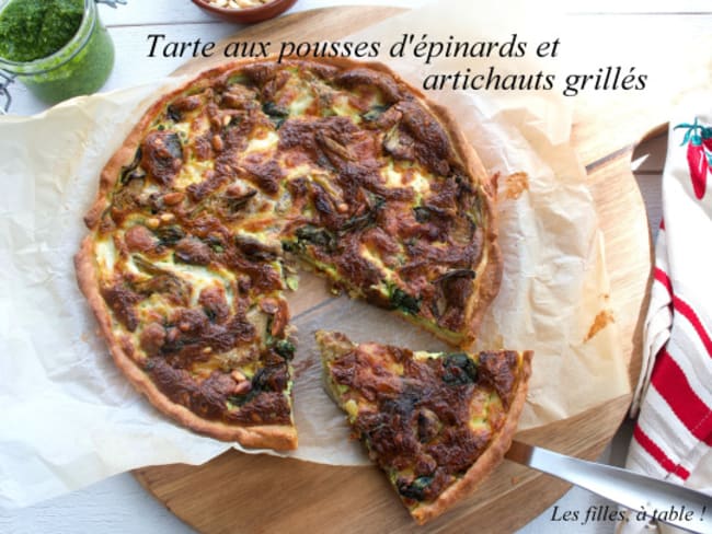 Tarte aux pousses d’épinards et artichauts grillés