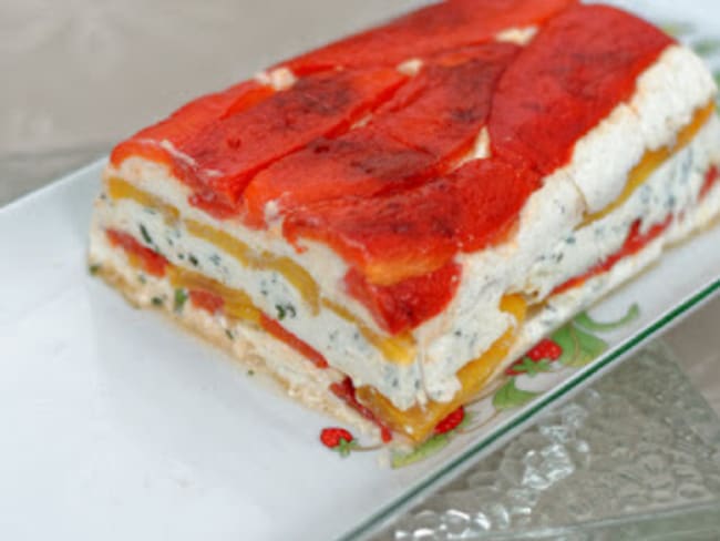 Terrine de ricotta aux poivrons marinés , basilic et miel